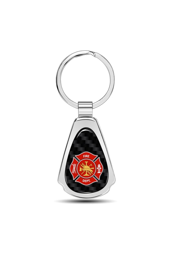 Fire Department Firefighter Real Carbon Fiber Chrome Metal Teardrop Key Chain