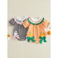 thumbnail image 3 of RUINIXCW Newborn Baby Girl Halloween Outfit Waffled Striped Bubble Romper Letter Ghost Pumpkin Embroidery Print Short Sleeve Smocked Bodysuits Jumpsuits, 3 of 9