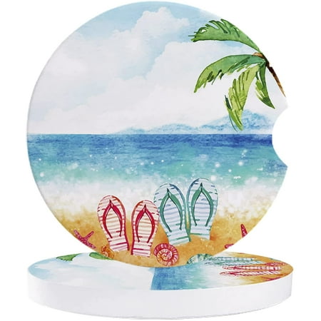 

FMSHPON Slippers Beach Ocean Coconut Tree Watercolor Set of 6 Car Coaster for Drinks Absorbent Ceramic Stone Coasters Cup Mat with Cork Base for Home Kitchen Room Coffee Table Bar Decor
