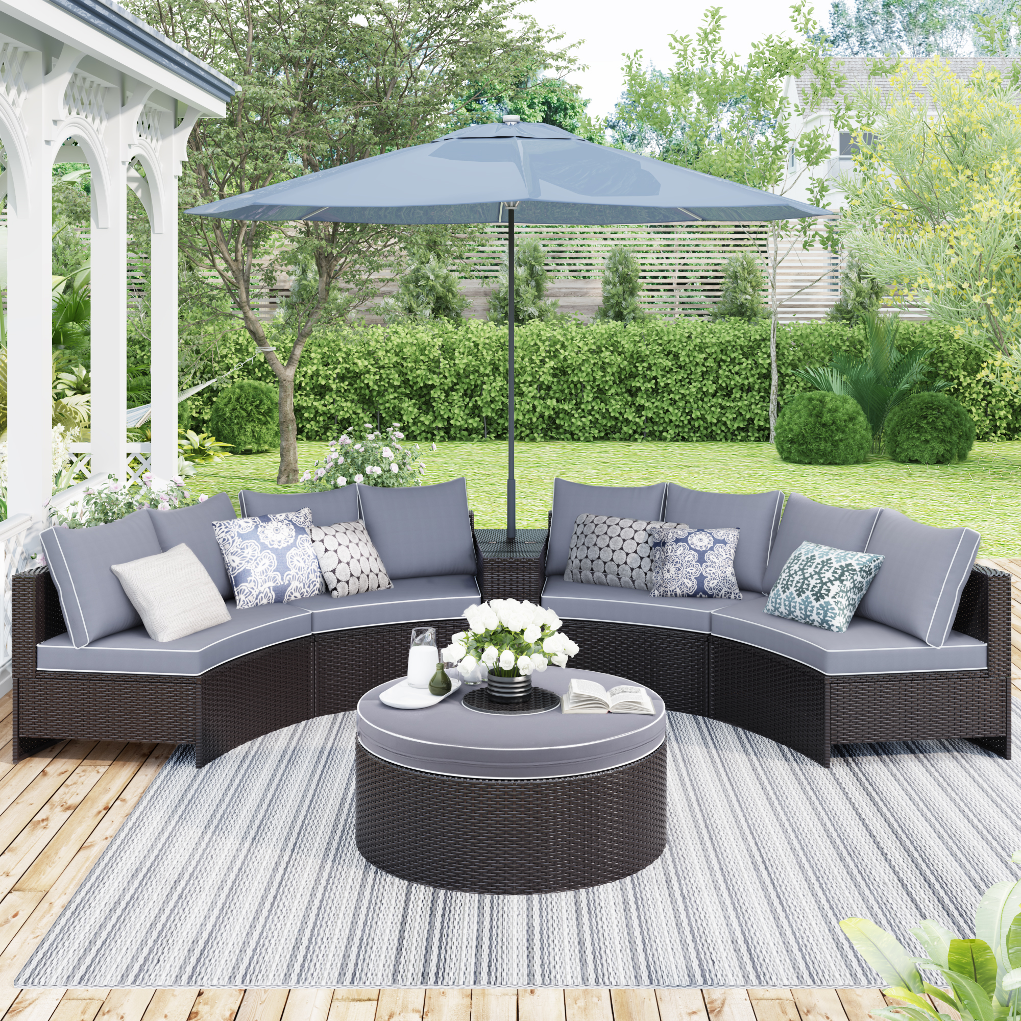 6-Pieces Outdoor PE Wicker Conversation Furniture Set Sectional Half Round Patio Rattan Sofa Set with Storage Side Table for Umbrella and Round Coffee Table, Gray Cushions + Brown Wicker - image 1 of 8