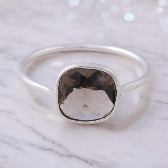 Cushion Cut Smoky Topaz Engagement Ring 925 Sterling Silver Bezel Set Solitaire Ring Brown gemstone Ring Anniversary Gift For Sister