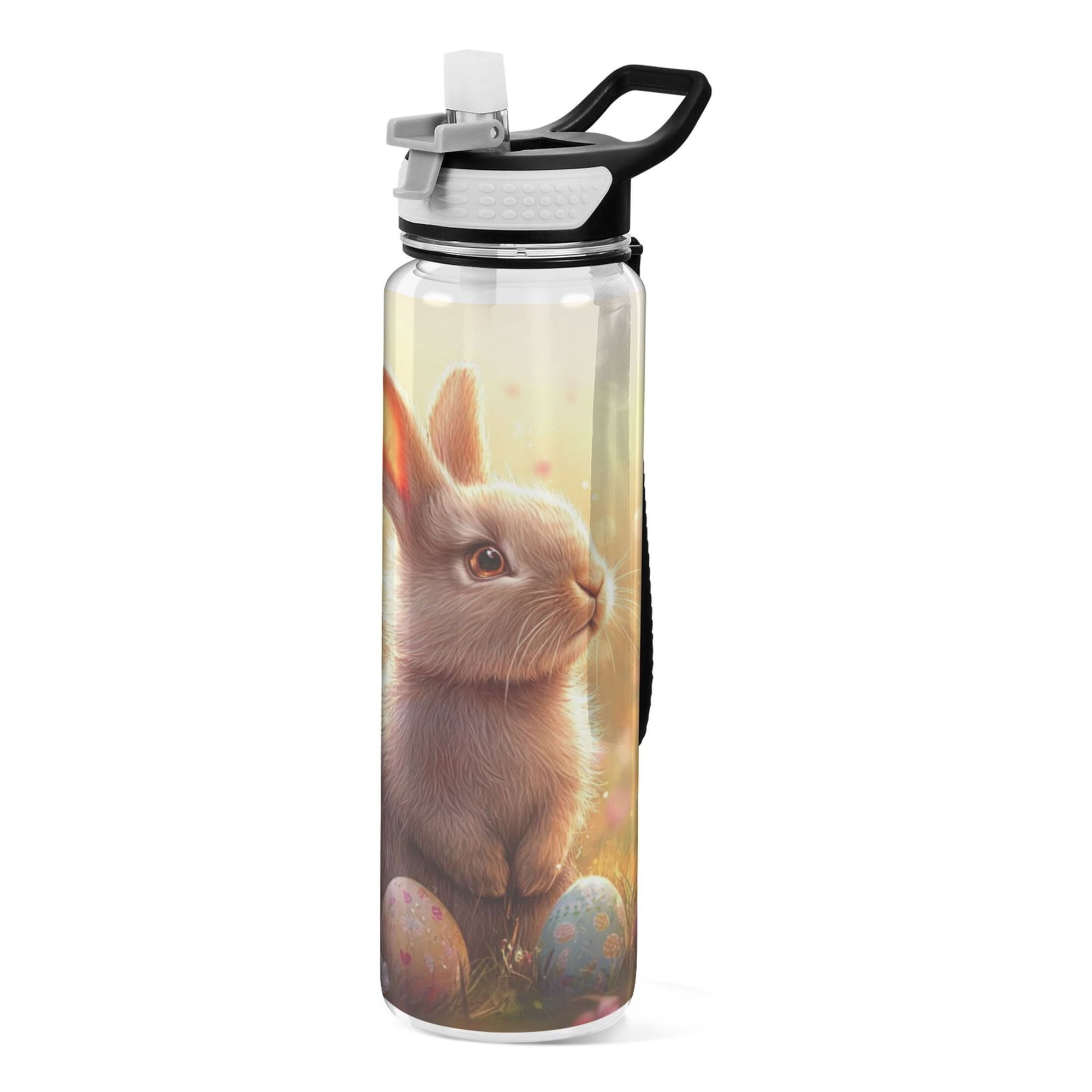 32oz Transparent Sports Water Bottle with Straw for Kids Adults Outdoor School Gym Fitness Bunny with Easter Eggs