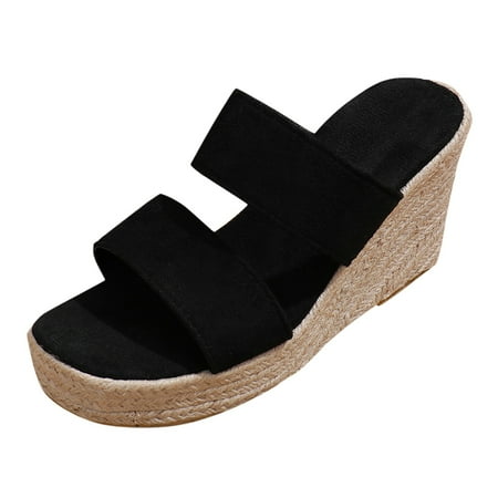 

Krdevn Women s Summer Fashion Slope Heel Open Toe Suede Solid Color Sandal Slippers Casual Comfort Out Slippers Black 38