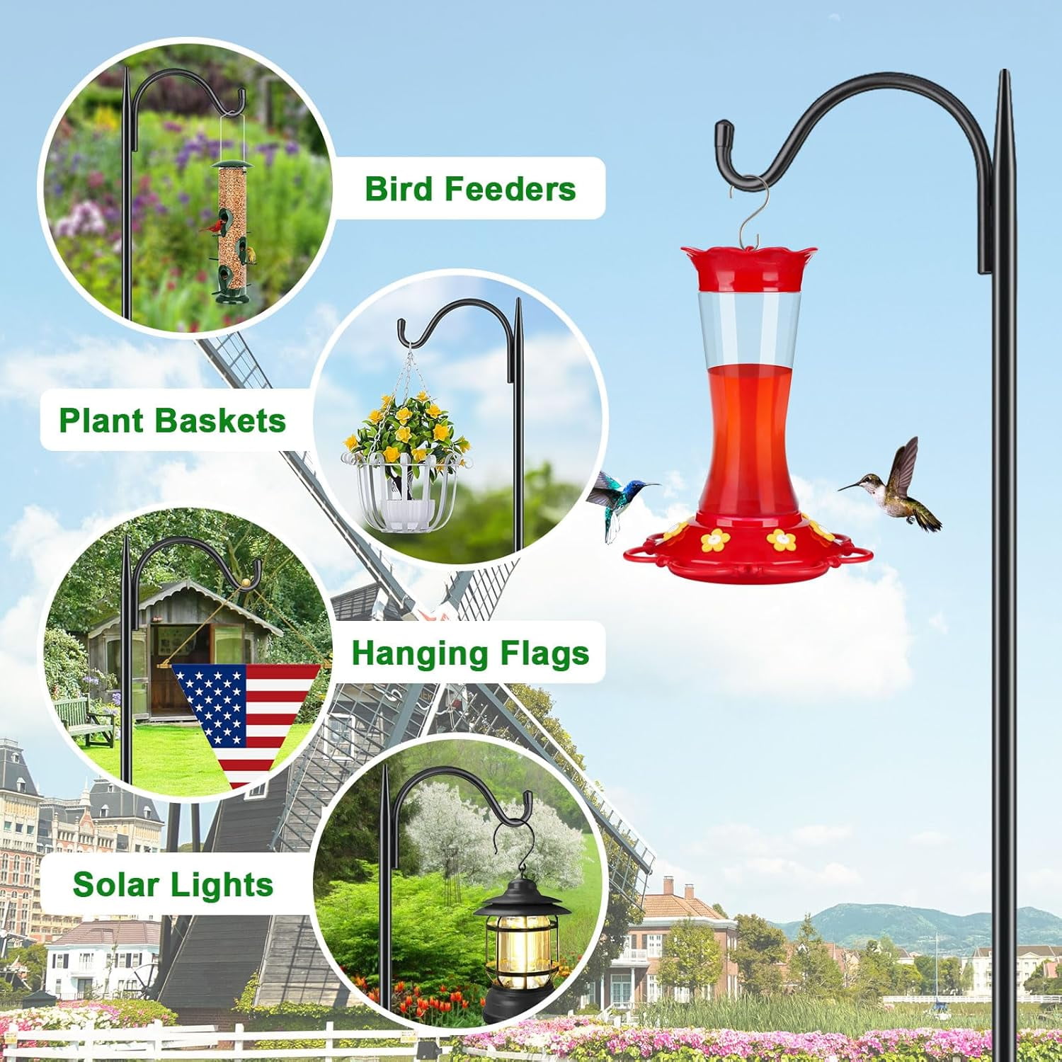 Adjustable Outdoor Shepherd Hook Bird Feeder Pole with 5 Prongs Base, 60 Inch Tall 5/8 Inch Thick, Heavy Duty Shepard Hook Stand for Hanging Bird Feeders, Plant Baskets, Black (1 Pack)