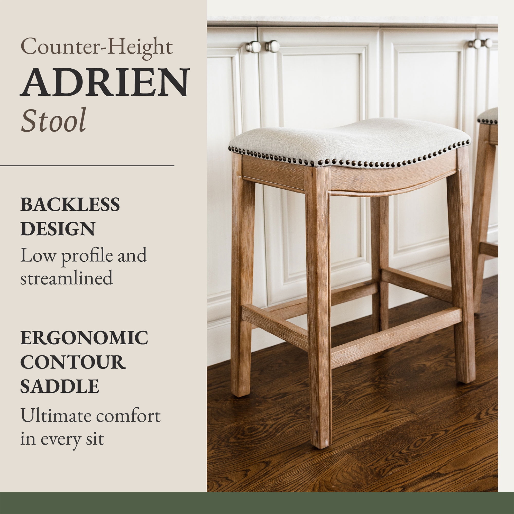 Maven Lane Adrien Saddle Counter Stool In Weathered Oak Finish With Sand Color Fabric Upholstery