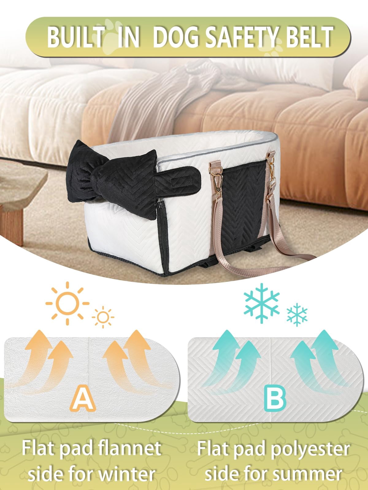 Small Dog Car Seat  Portable With Soft Washable Cushion Center Console For Dogs Up To 13lbs(white)