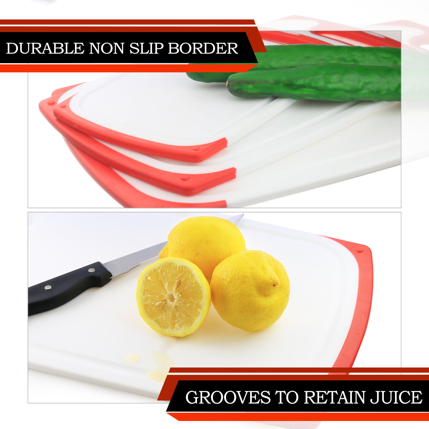 Belwares Plastic Cutting Boards Set of 3, Dishwasher Safe Reversible Cutting Boards with Non-Slip Feet & Deep Drip Juice Groove for