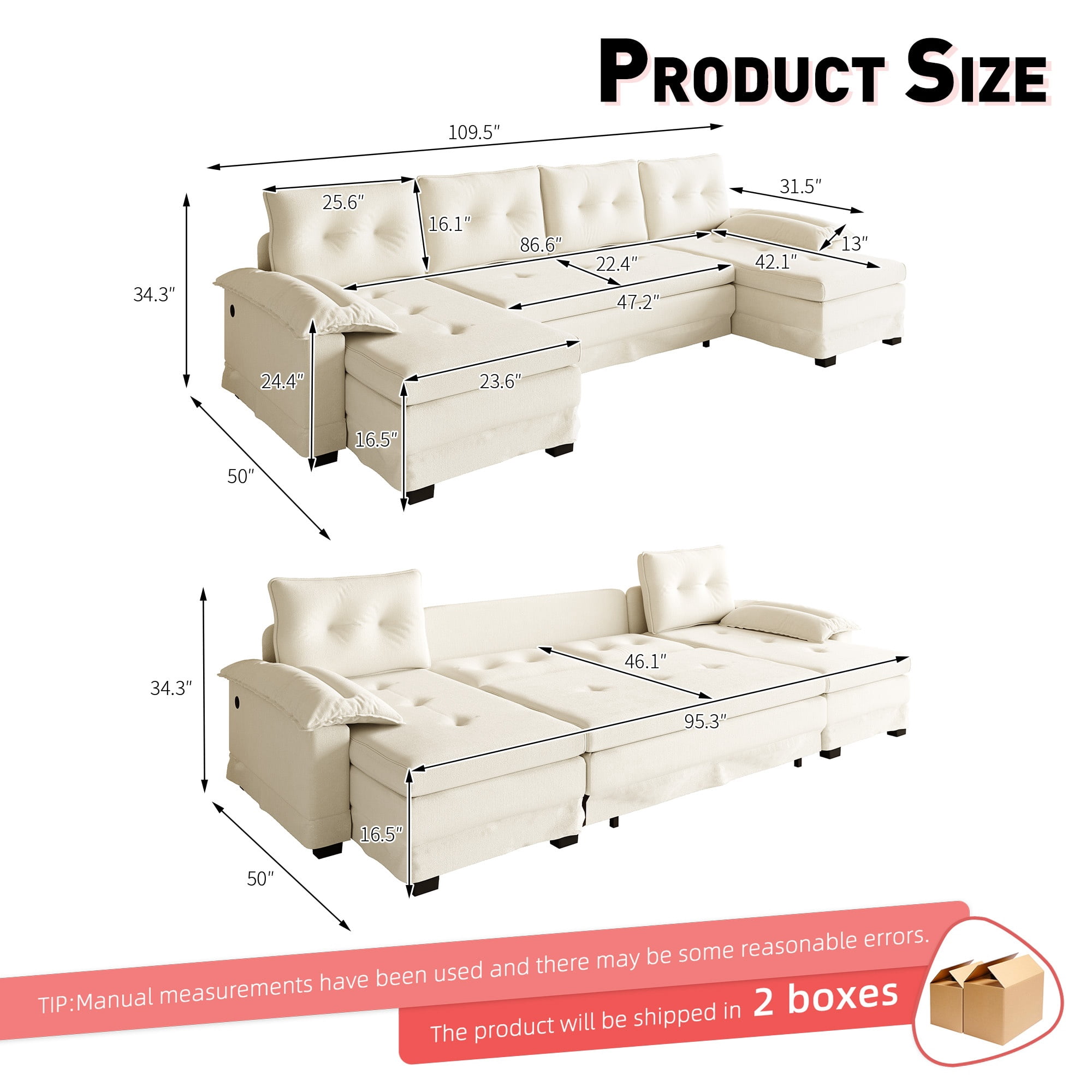 Howcool 110" U-Shaped Sleeper Sofa with Pull Out Bed, USB Ports and Dual Chaise Lounge