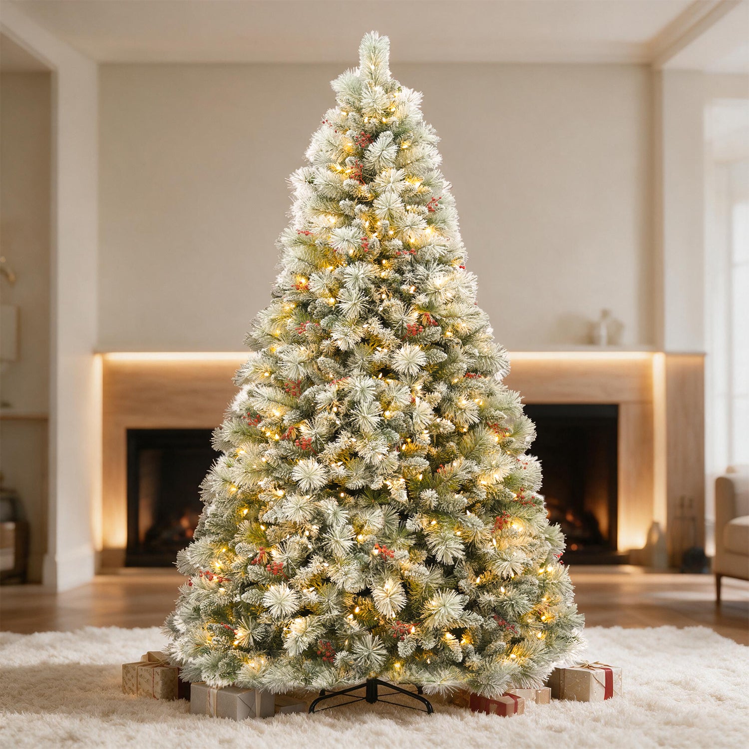 Vivatrees 6ft Prelit Flocked Christmas Tree with Red Berries