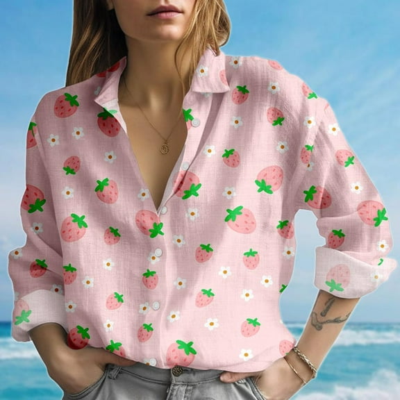 Pink Strawberry Blouse Shirt, Soft Girl Aesthetic Women Shirt, Cute Fruit Long Sleeve Shirt, Cottagecore Women Blouse, Button Down Shirt For Vacation Trip