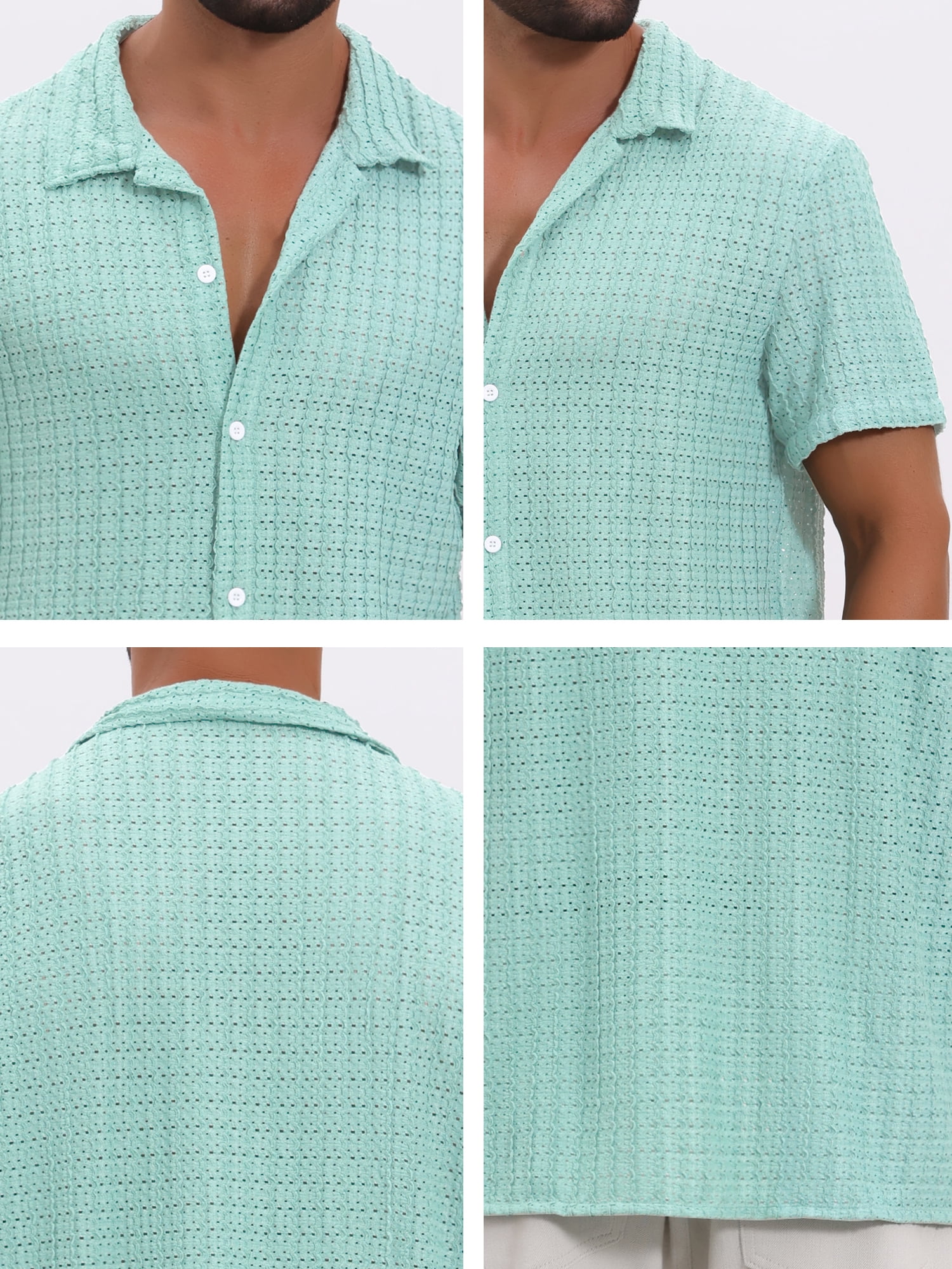 DARING DIVA Men's Casual Knitted Hollow Out Short Sleeve Shirt S Light Blue