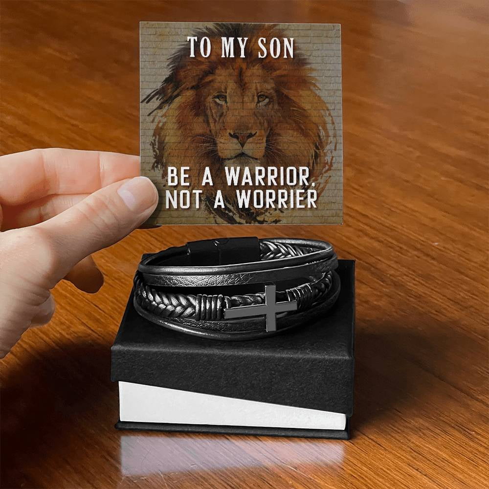 To My Son Be a Warrior Not a Worrier Men's Cross Bracelet - Vegan Leather with Stainless Steel