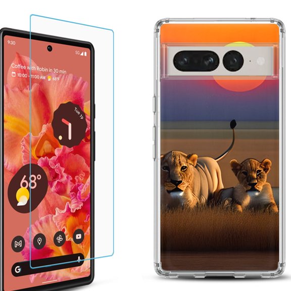 Shockproof Bumper Phone Case for Google Pixel 7, with Tempered Glass Screen Protector, by OneToughShield ® - Lion Sunset