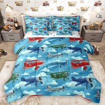 Manfei Traditional Plane Bedding Comforter Set 7 Pieces, Blue Sky Queen Bedding Sets, Cartoon Aircraft Queen Sheet Sets, Microfiber Bedroom Decor