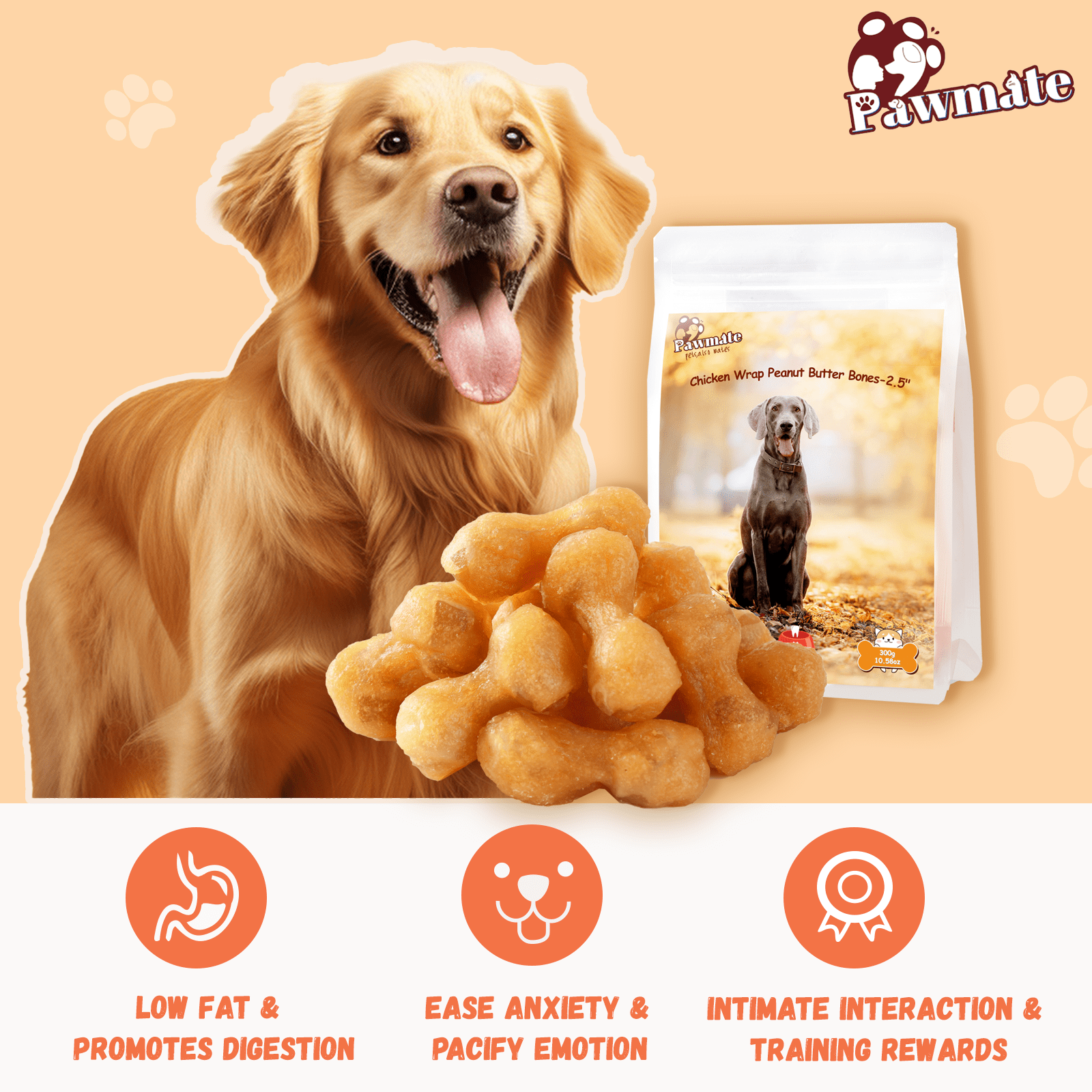 (2 pack) Pawmate Chicken ＆ 2.5" Peanut Butter Bones Dog Treats, Low Fat Natural Treats for All Dogs, 11oz