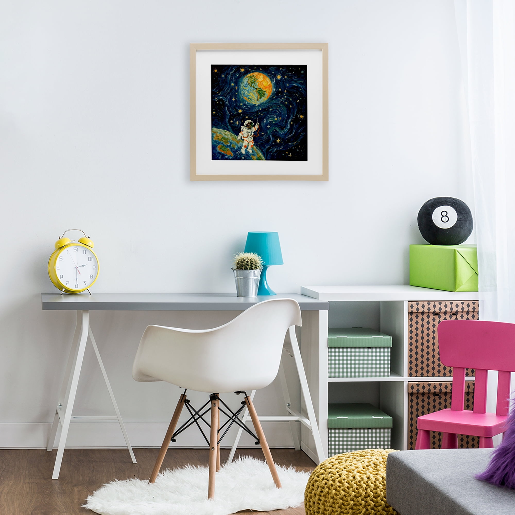 Astronaut with Earth Balloon Birch Framed Print Under Glass, design by Angie Hawke