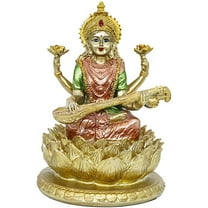 Hindu God Lord Goddess Saraswati Statue - Indian Idol of Music Sitting on Lotus Sculpture - India God Figurine Home Mandir Temple Altar Yoga Decor Diwali Pooja Gifts