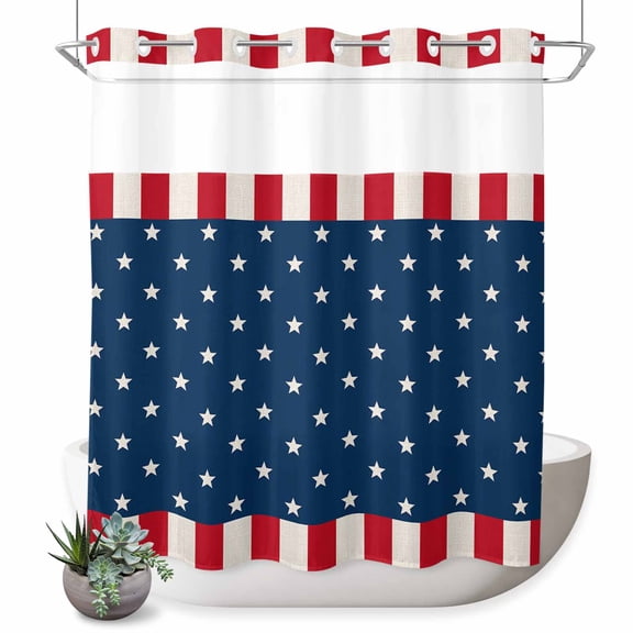 No Hook Shower Curtain, Independence Day American Flag Shower Curtains for Bathroom with See Through Top Window, White Star Red Stripes Waterproof & Washable Bath Curtain 66"x72"