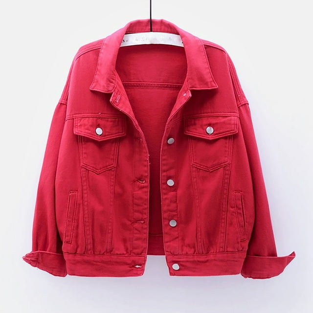Meichang Oversized Jean Jacket Women Long Sleeve Lapel Button Down Denim Jacket Solid Loose Fit Washed Jacket Outerwear with Pockets Red S
