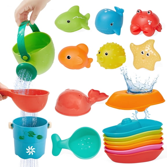AMCHSURI Mold Free Bath Toys Play Set, Floating Boats, Waterfall Cups, Watering Can, No Hole, Safe Easy Clean, 17 Pieces, For Babies