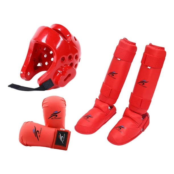Karate Sparring Gear Set Cola guantes entrenamiento Gear entrenamiento Boxeo Head Gear con Shin Rojo L