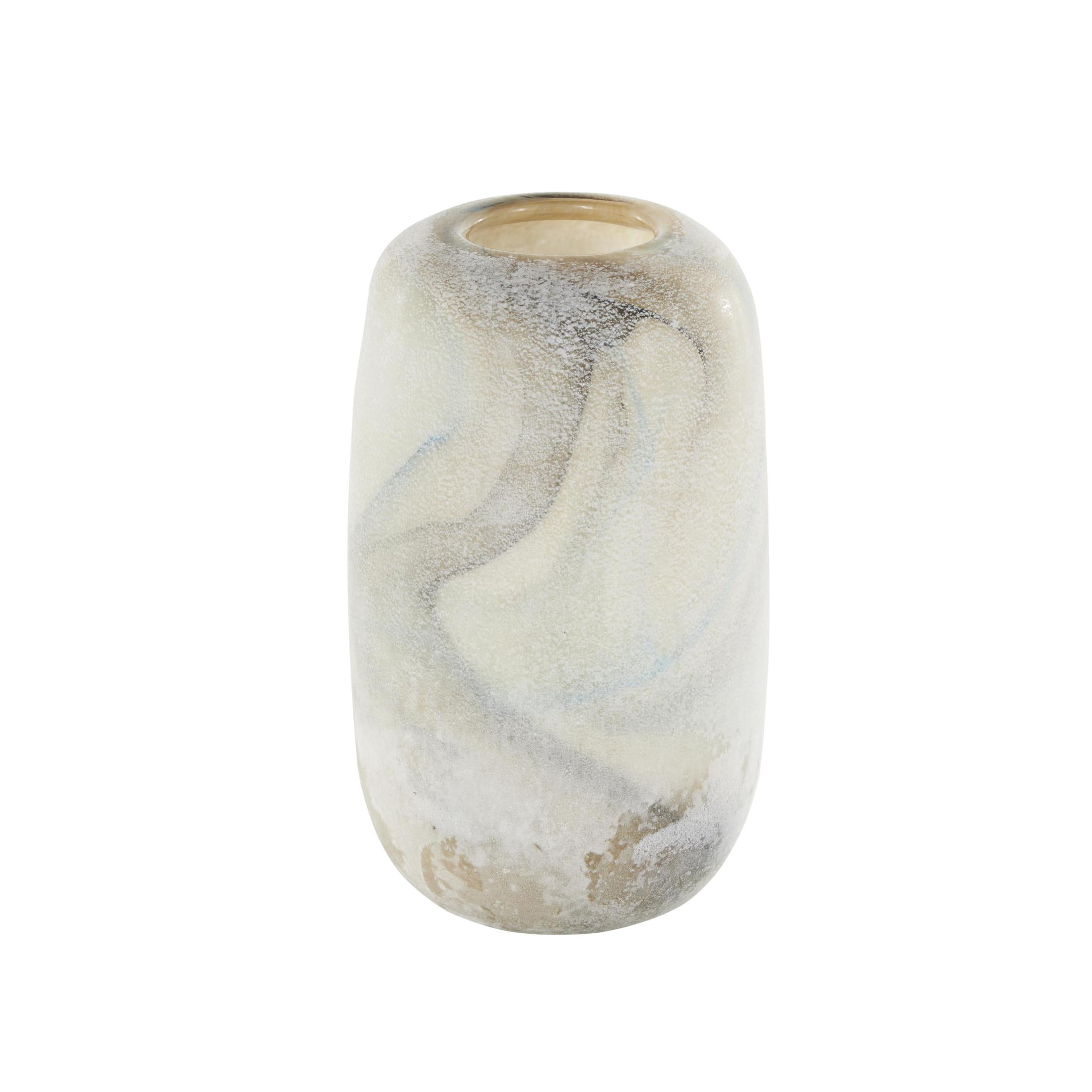 DecMode 10" Distressed Cream Glass Vase with Blue and Tan Texturing