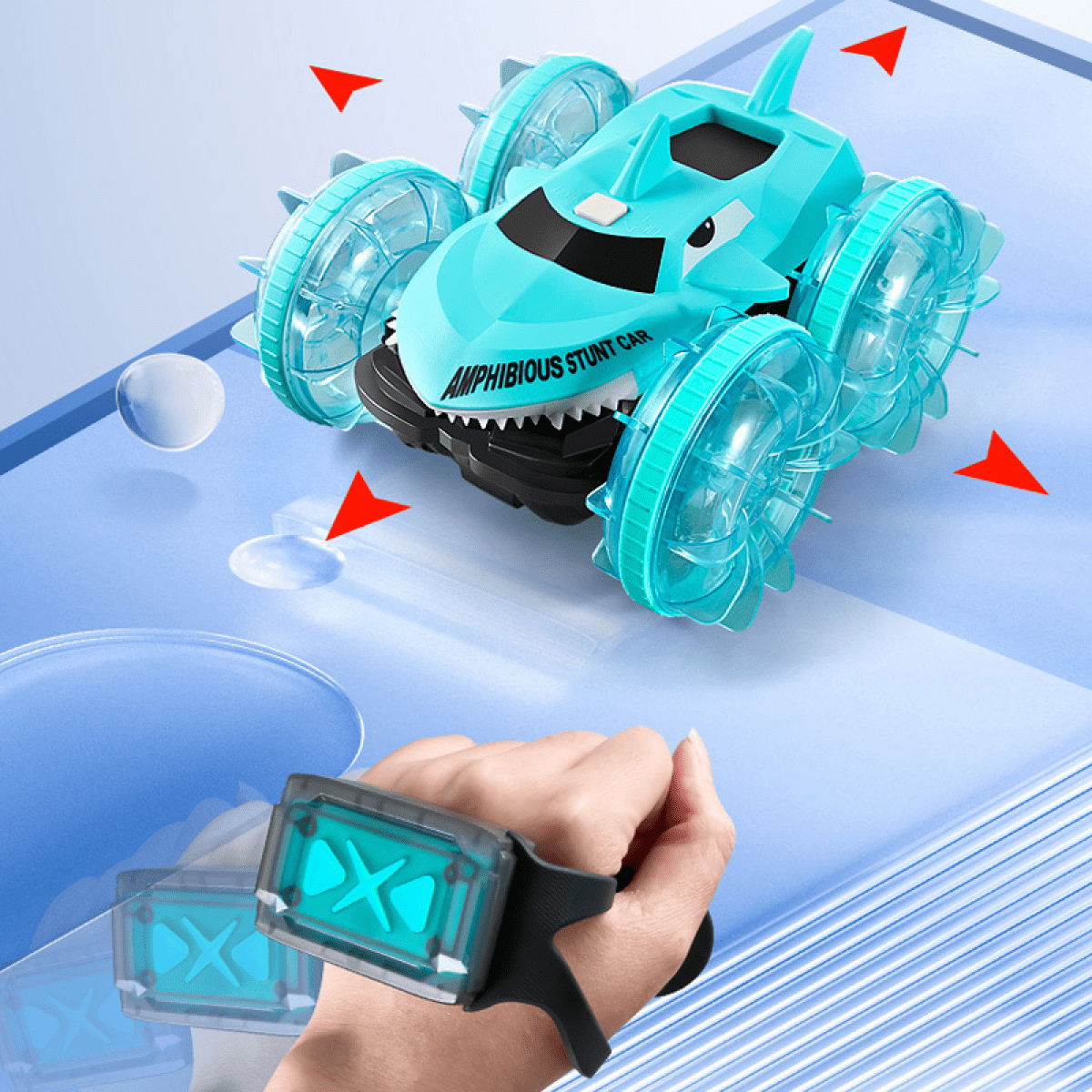 Amphibious Waterproof RC Stunt Car, Gesture Controlled RC Truck with Lights for Boys Gifts(Blue)