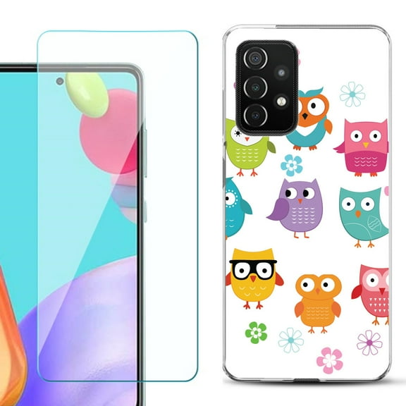 Slim-Fit Flexible Gel TPU Phone Case compatible with Samsung Galaxy A52 5G, with Tempered Glass Screen Protector, by OneToughShield ® - Happy Owl