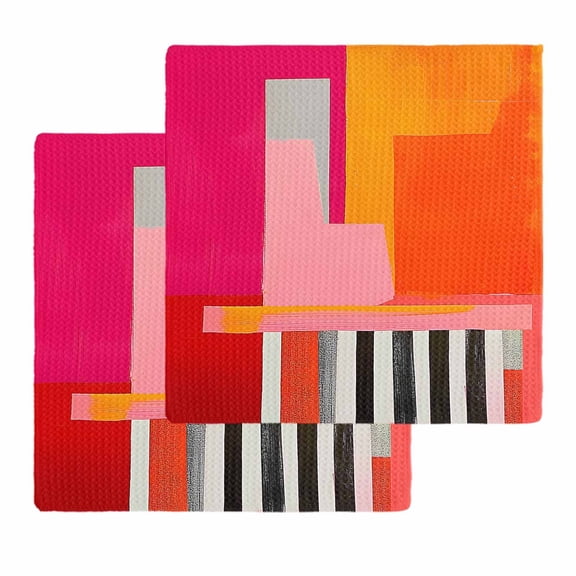 Pink Orange Kitchen Dish Towels for Drying Dishes Set of 2, Geometric Modern Abstract Oil Painting Waffle Weave Microfiber Hand Tea Bathroom Towels Quick Dry & Absorbent Towel 12x12