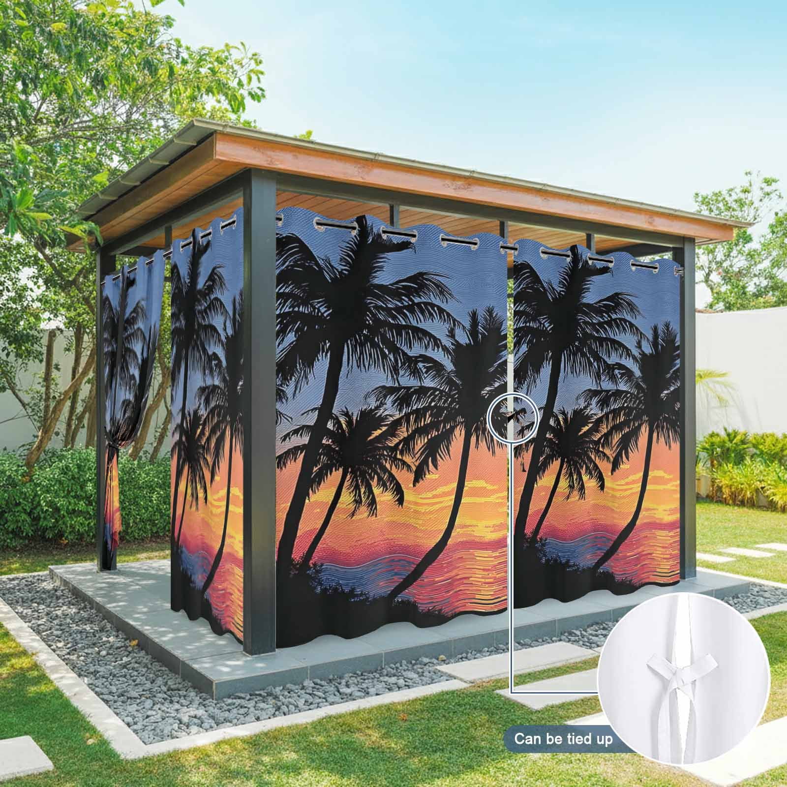 Palm Trees Island Outdoor Curtains for Patio, Summer Tropical Plants Silhouettes Sunset Sunshade Privacy Drapes Grommet Waterproof Outside Curtains for Porch/Cabana/Balcony 54"x 108", 1 Panel