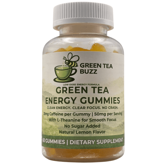 Green Tea Buzz Energy Gummies, Green Tea Extract with L-Theanine & Natural Caffeine, No Sugar Added, Vegan, Lemon Flavor, 60 Count