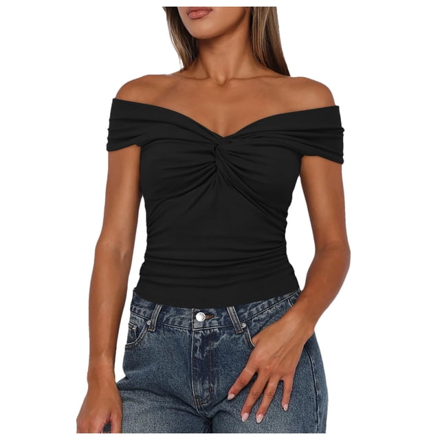 Camisetas sin mangas con nudo delantero y hombros descubiertos para mujer, manga corta y corte ajustado: 90 % poliéster + 10 % elastano, transpirables y cómodas