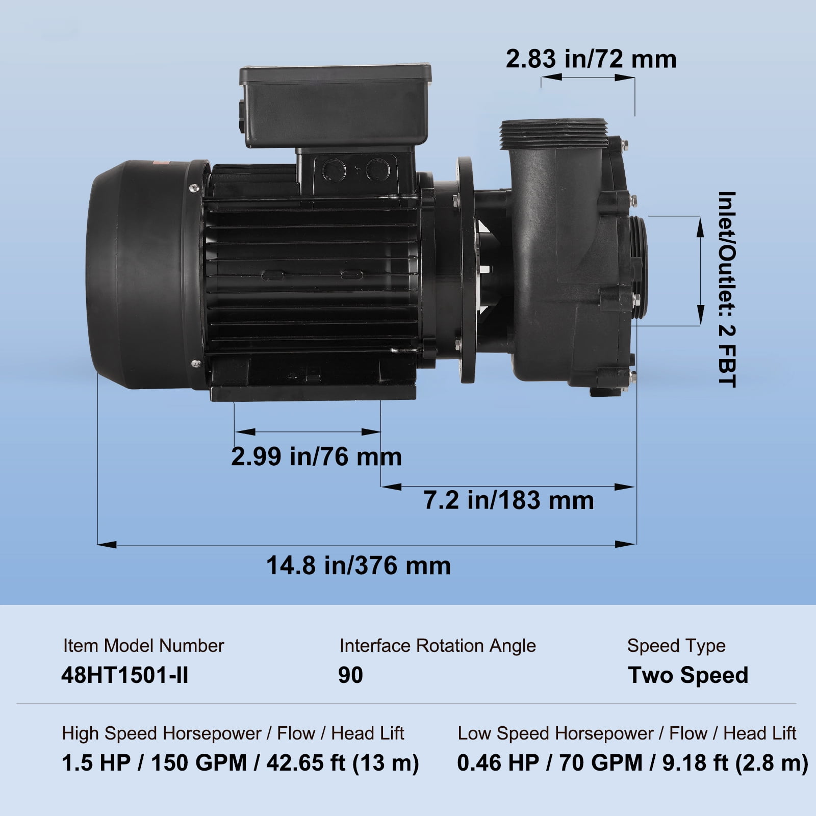 KFFKFF Dual Speed SPA Pump, 48-Frame, AC 110-120V Hot Tub SPA Pump, 1.5HP/150GPM/42.65ft High Speed or 0.46HP/70GPM/9.18ft Low Speed, 2" Port 90° Rotational Interface for Hot Tub
