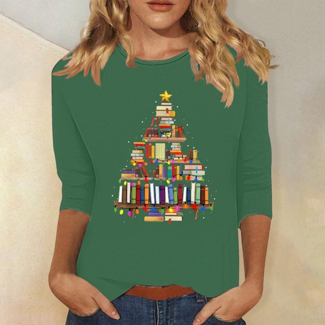 Meichang T-Shirts de Noël pour Femmes, Col Rond, Manches 3/4, Coupe Ample, Pull de Noël Classique, Joyeux Noël, Graphique