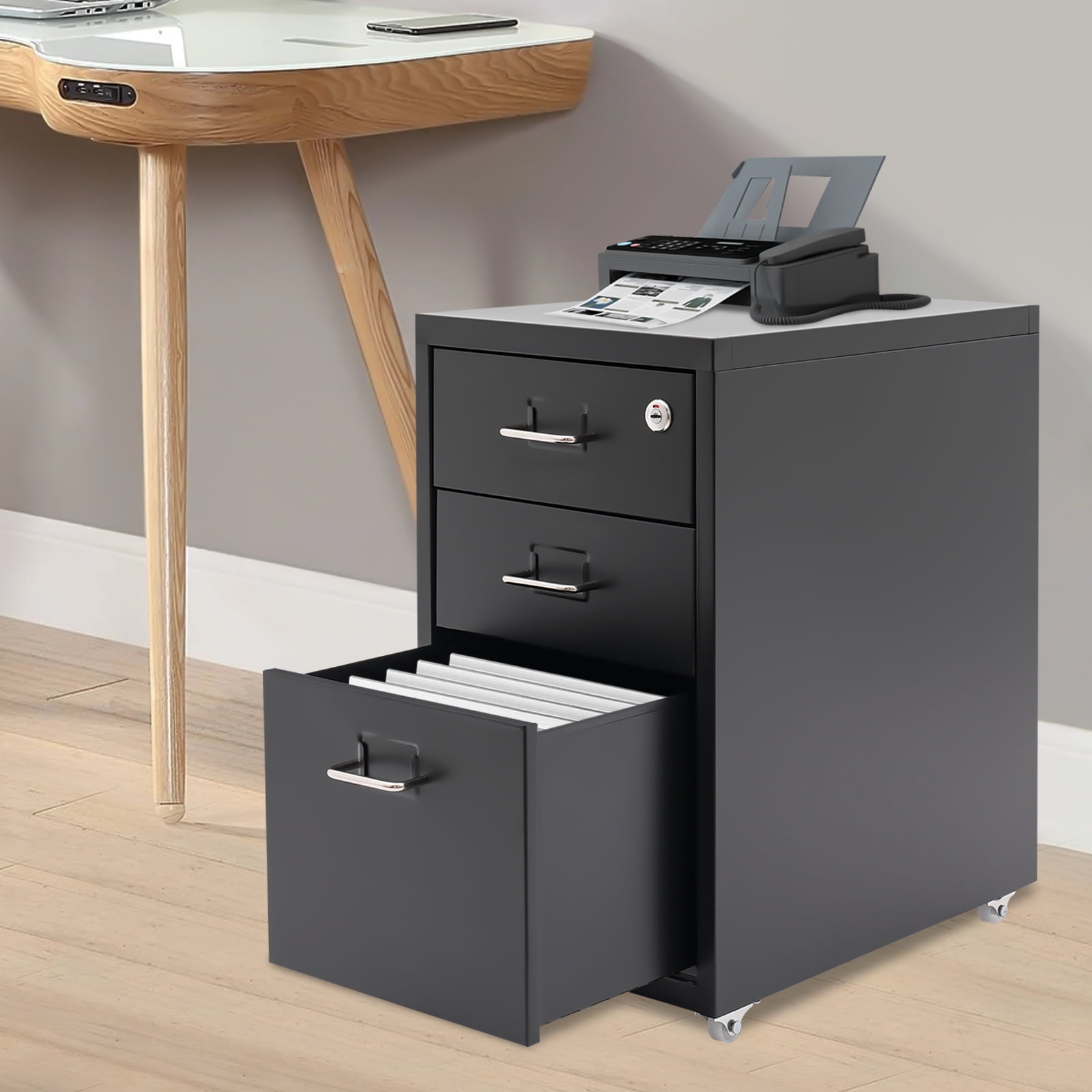 1* Vertical File Cabinet+ 2* Keys+ 4* Wheels, Black 3 Tiers Vertical File Cabinet, Metal Mobile File Cabinet with Lock, Filing Cabinet Under Desk