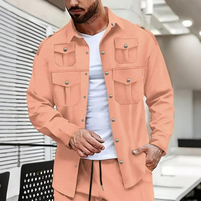 Yusimy Men's Solid Snap Closure Cardigan Waffle Knit Multi Pocket Casual Utility Shirt Jacket
