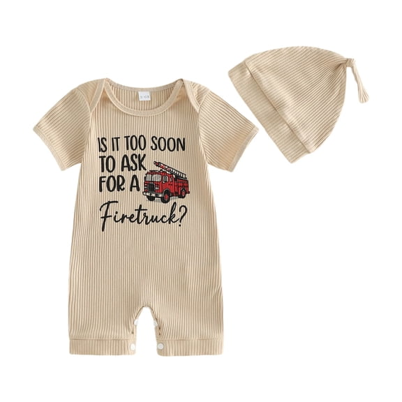 Bainana Boys Summer Short Sleeve Bodysuit Fire Truck Print Crew Neck With Hat Romper Breathable Casual Baby Daily Wear Jumpsuit Khaki Size 6-12 Months