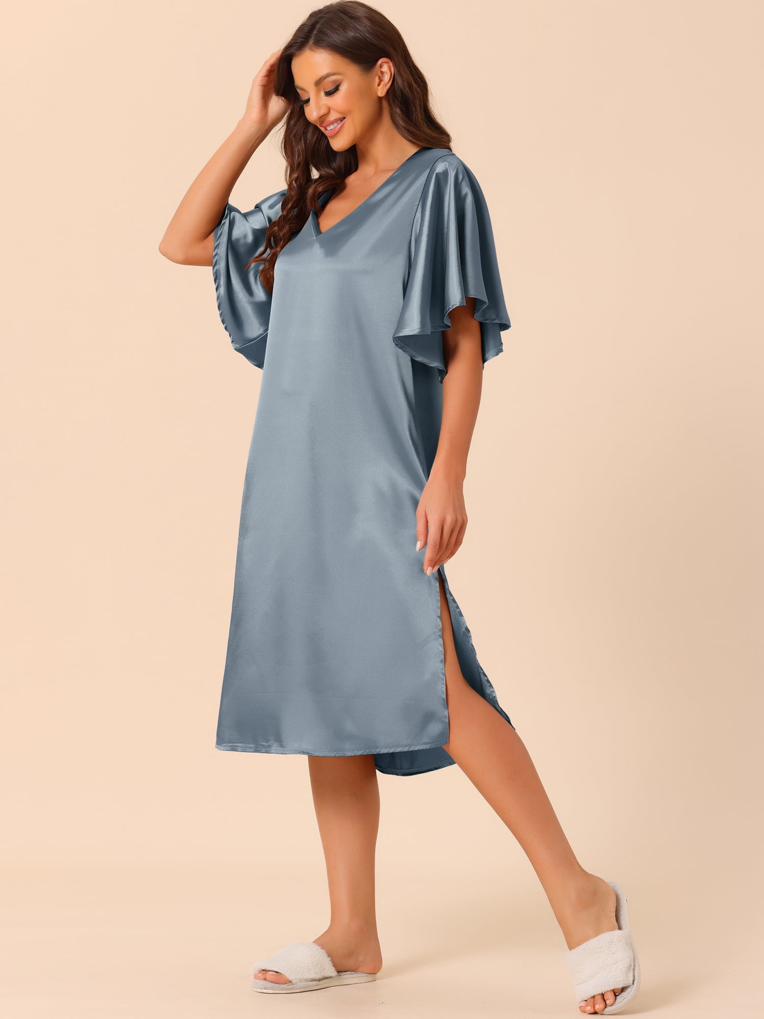 DARING DIVA Women's Satin Flare Bell Short Sleeve Nightgown XS Blue