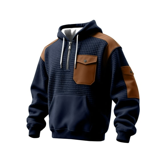 Yiaimeir Mens Casual Pullover Hoodie with Zippered Chest Pocket and Patchwork Design Long Sleeve Warm Sweatshirt for Outdoor Activities