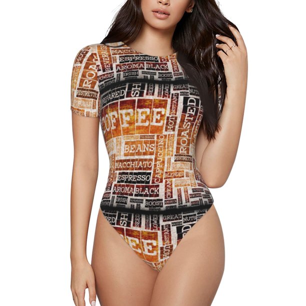 Balery Hand Drawn Vintage Coffee Body de cuello redondo de manga corta para mujer Tops de manga corta Tops básicos-Medium