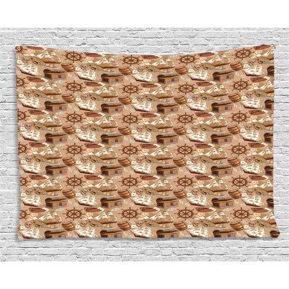 Pirates Tapestry, Ancient Scroll Old Pirate Treasure Map Pattern Adventure Stories Concept, Wall Hanging for Bedroom Living Room Dorm Decor, 80W X 60L Inches, Pale Brown White Grey, by Ambesonne