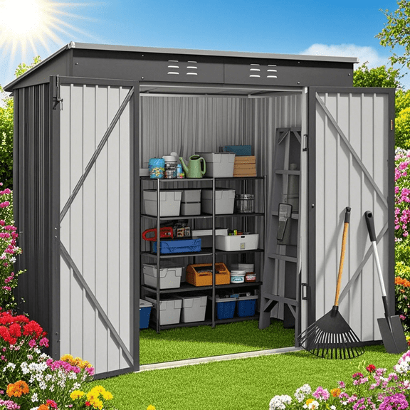 Aiho 6'x 4' Outdoor Storage Shed with Lockable Door for Garden Backyard Patio - Gray