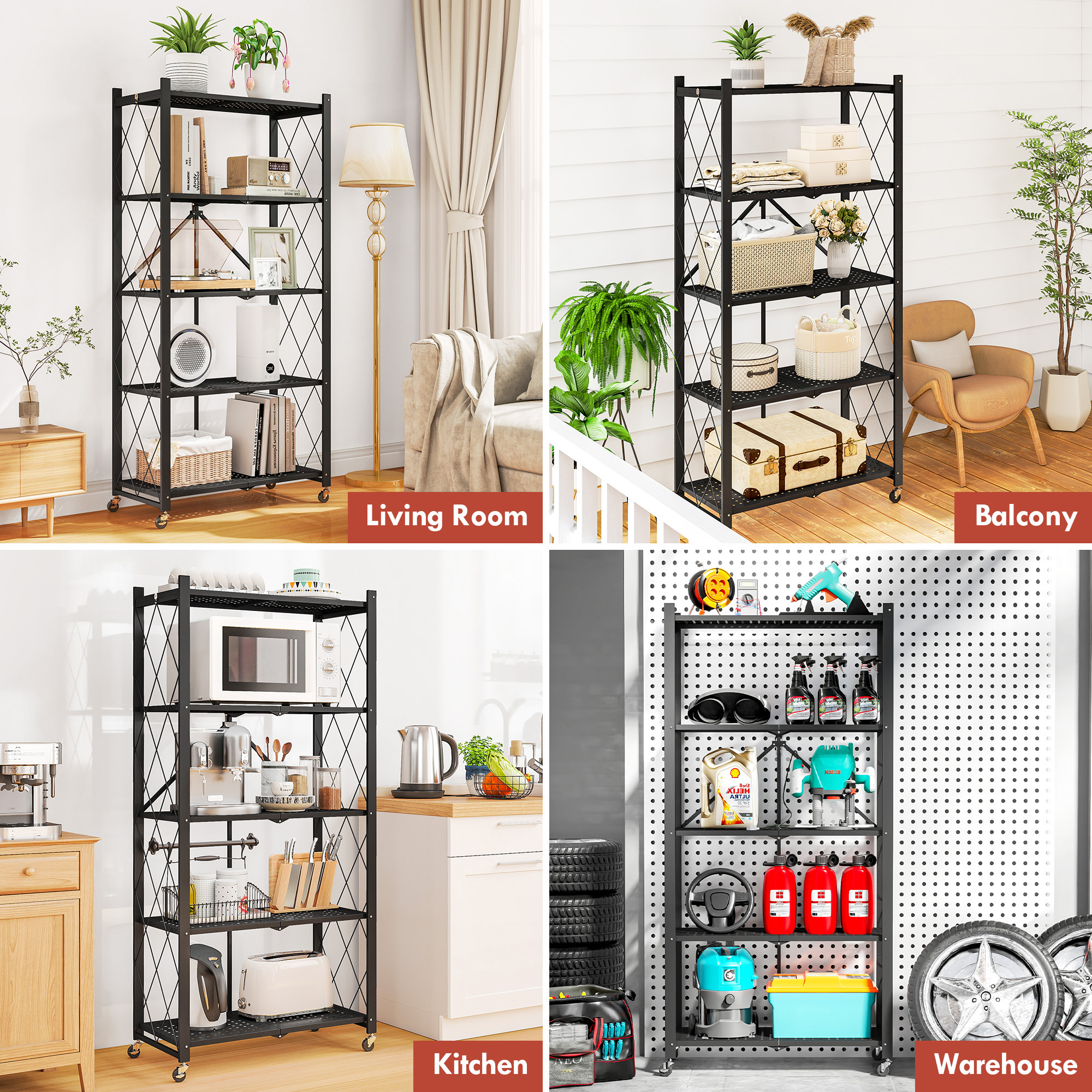 Furnibear 5-Tier Folding Storage Shelves with Wheels, Foldable Metal Rack, Collapsible Shelves for Garage, Kitchen, Basement, Black