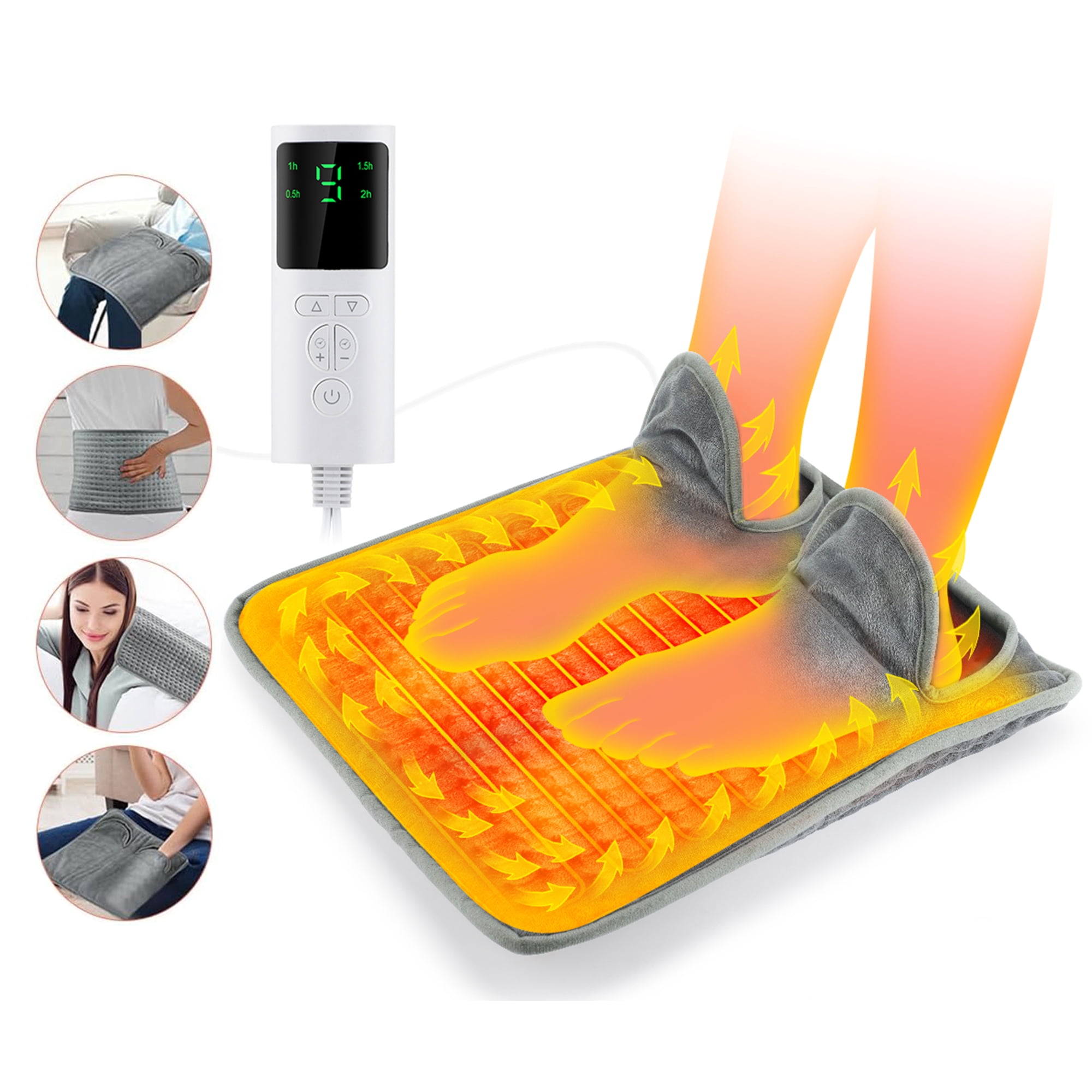 Electric Foot Warmer, Heated Foot Pad Dual Heating Elements Electric Feet Warmer Mat with 9 Temp Settings & 4 Timers, Full Surround Fast Heating for Women Men, for Bed Office/Home Under Desk, Gray