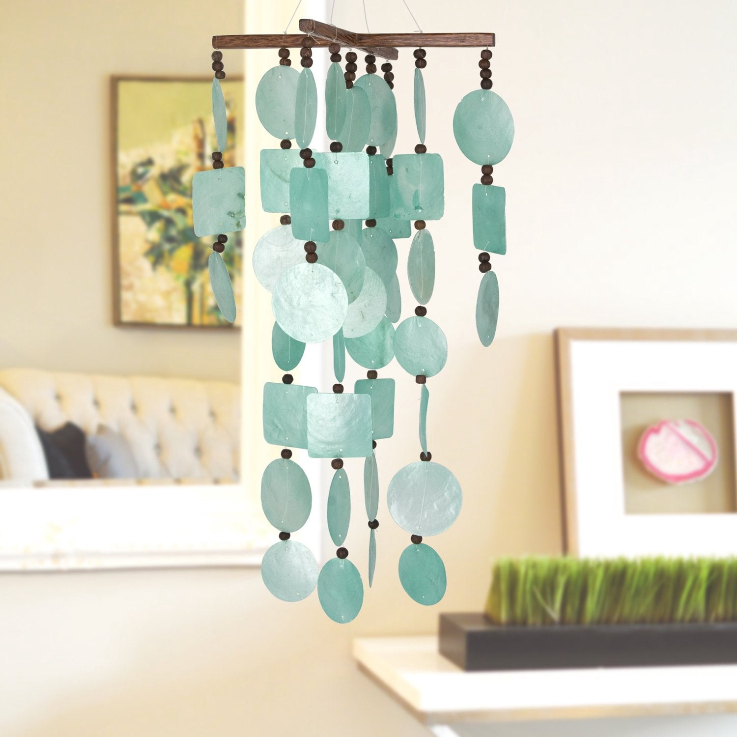 Woodstock Windchimes Aqua Capiz with Wood Beads, Wind Chimes For Outside, Wind Chimes For Garden, Patio, and Outdoor Décor, 22"L