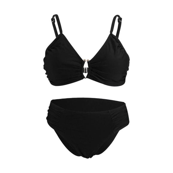 Spencer Womens Swimsuits Two Piece Bikini Sets Bathing Suits for Women Summer Solid V Neck Swimwear Beachwear, Black