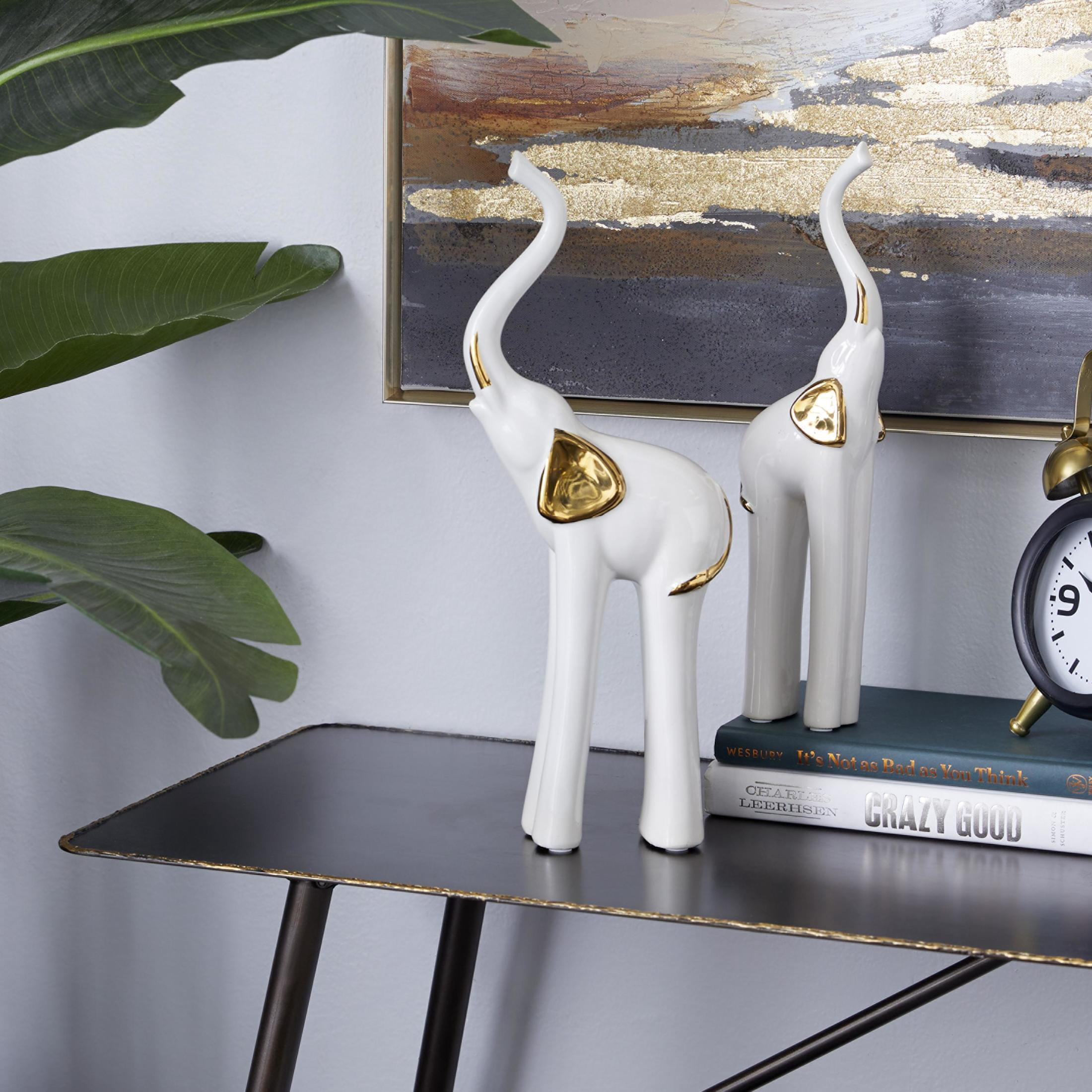 4"W, 14"H Gold Porcelain Ceramic Elephant Sculpture, by DecMode (2 Count)