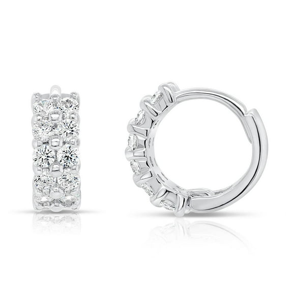 Tilo Jewelry Solid 925 Sterling Silver Tiny Double Row Huggie Hoop Earrings with Cubic Zirconia CZ Stones | 11mm Small | Dainty Everyday Earrings for Women & Unisex