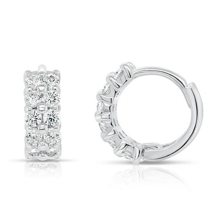 Tilo Jewelry Solid 925 Sterling Silver Tiny Double Row Huggie Hoop Earrings with Cubic Zirconia CZ Stones | 11mm Small | Dainty Everyday Earrings for Women & Unisex