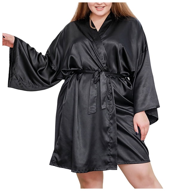 Bata kimono de satén para mujer talla grande - Ropa de dormir corta y sedosa - Cuello en V con cinturón - XL-4XL